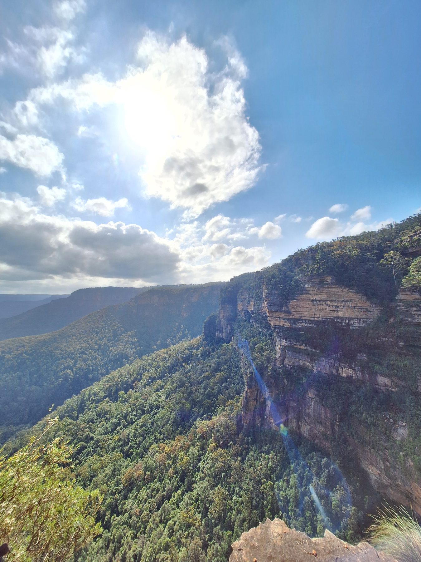Layered sandstone cliffs dropping into forest in the Blue Mountains, New South Wales