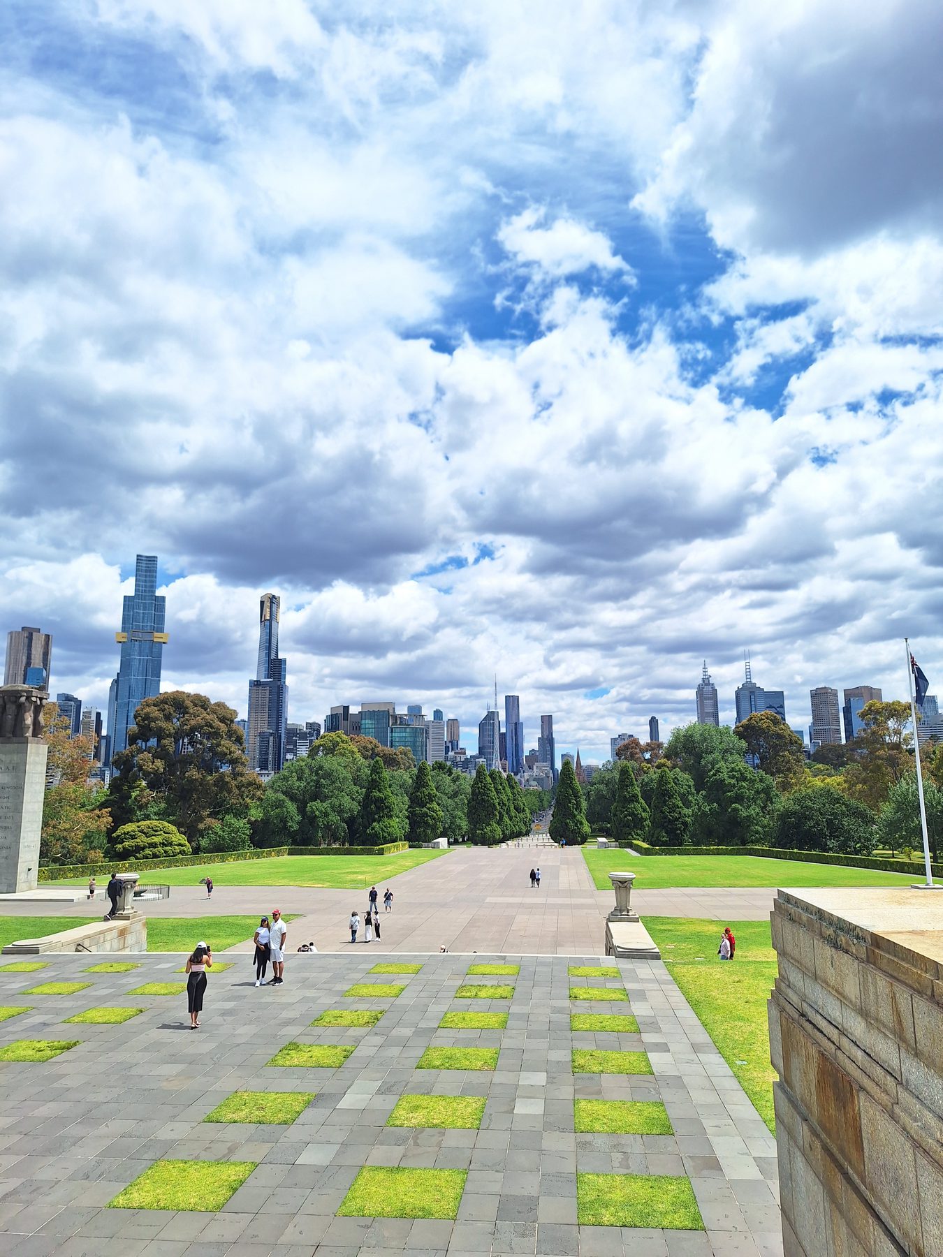 The forecourt of the Shrine of Remembrance looking towards the Melbourne skyline