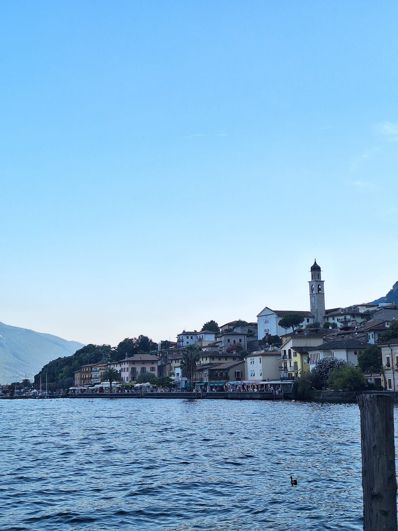 Limone sul Garda seen across the water, with its church tower and houses along the shore