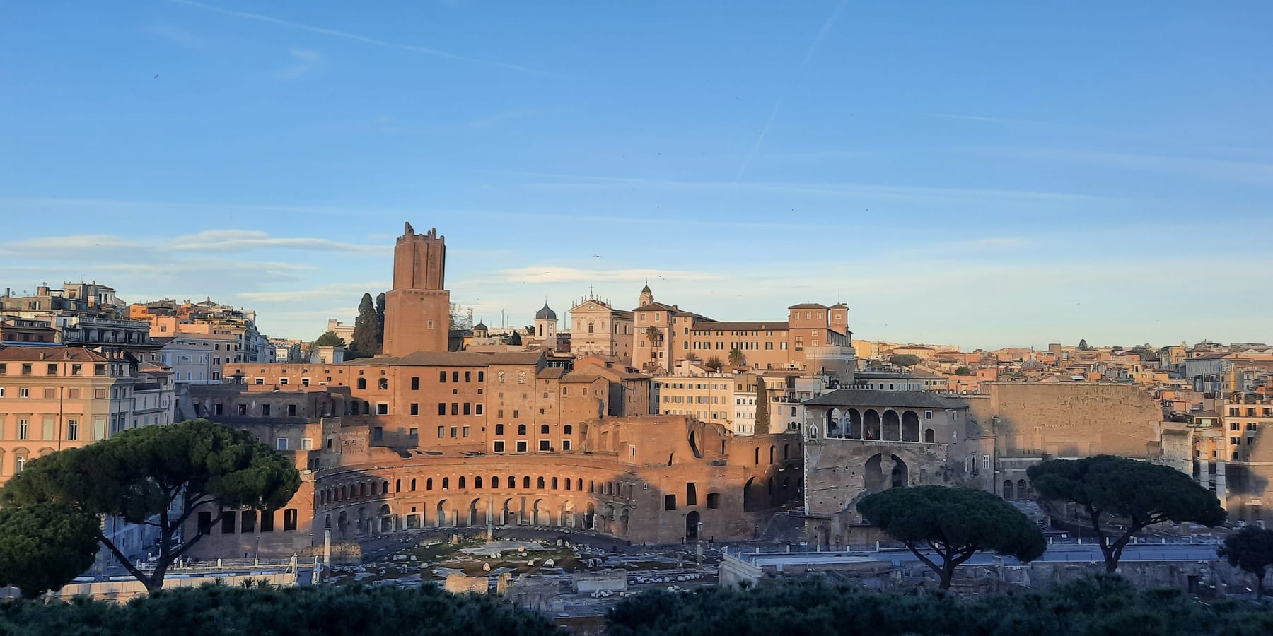 Trajan's Market and the Imperial Forums in Rome at golden hour