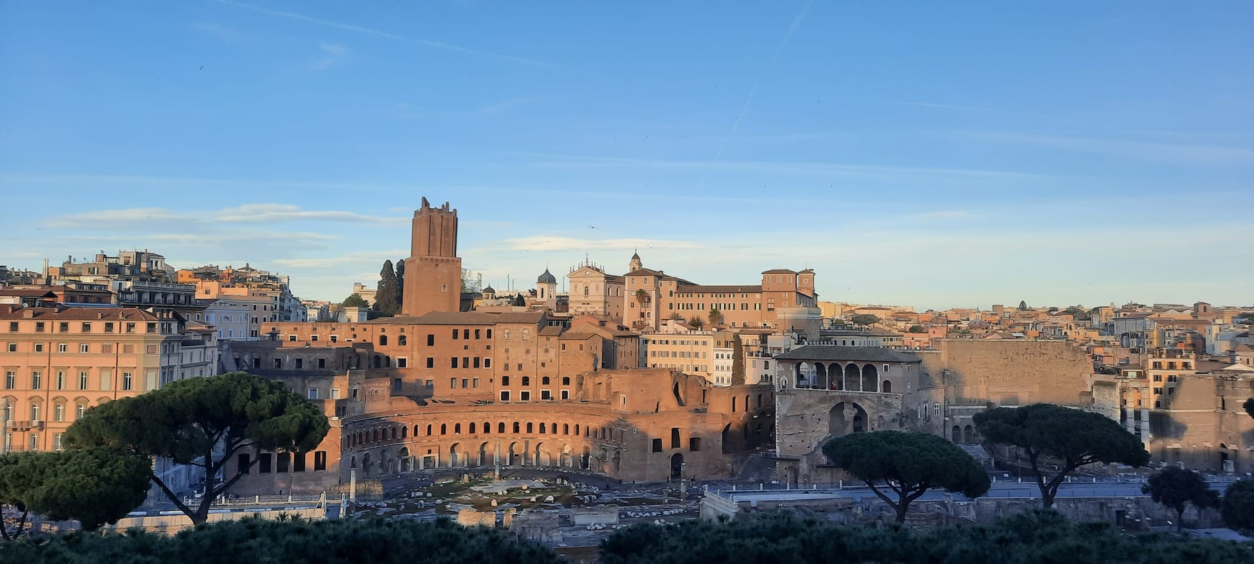 The brick ruins of Trajan's Market and the Imperial Forums below the Vittoriano, with umbrella pines