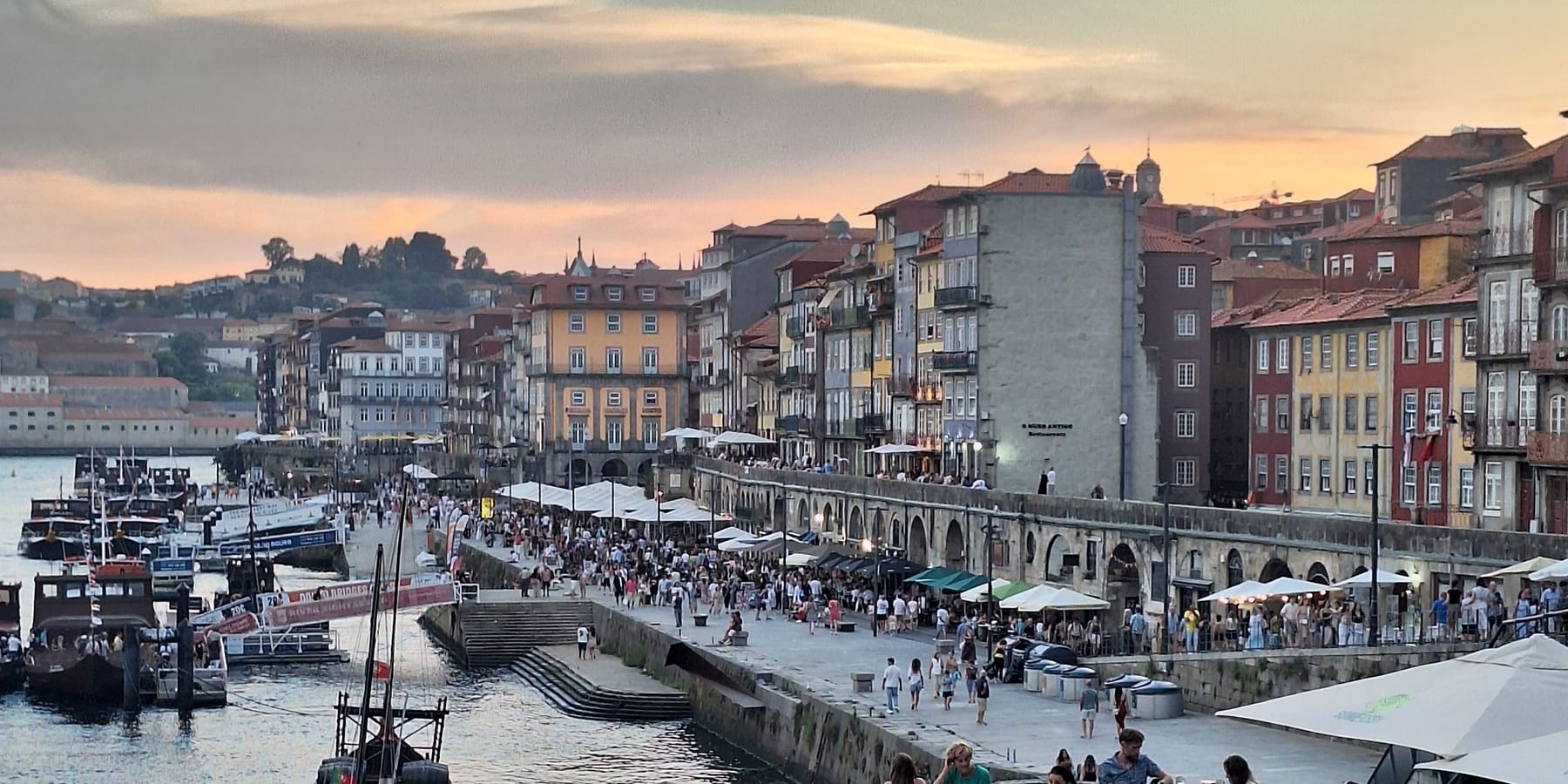 The Ribeira waterfront in Porto at sunset