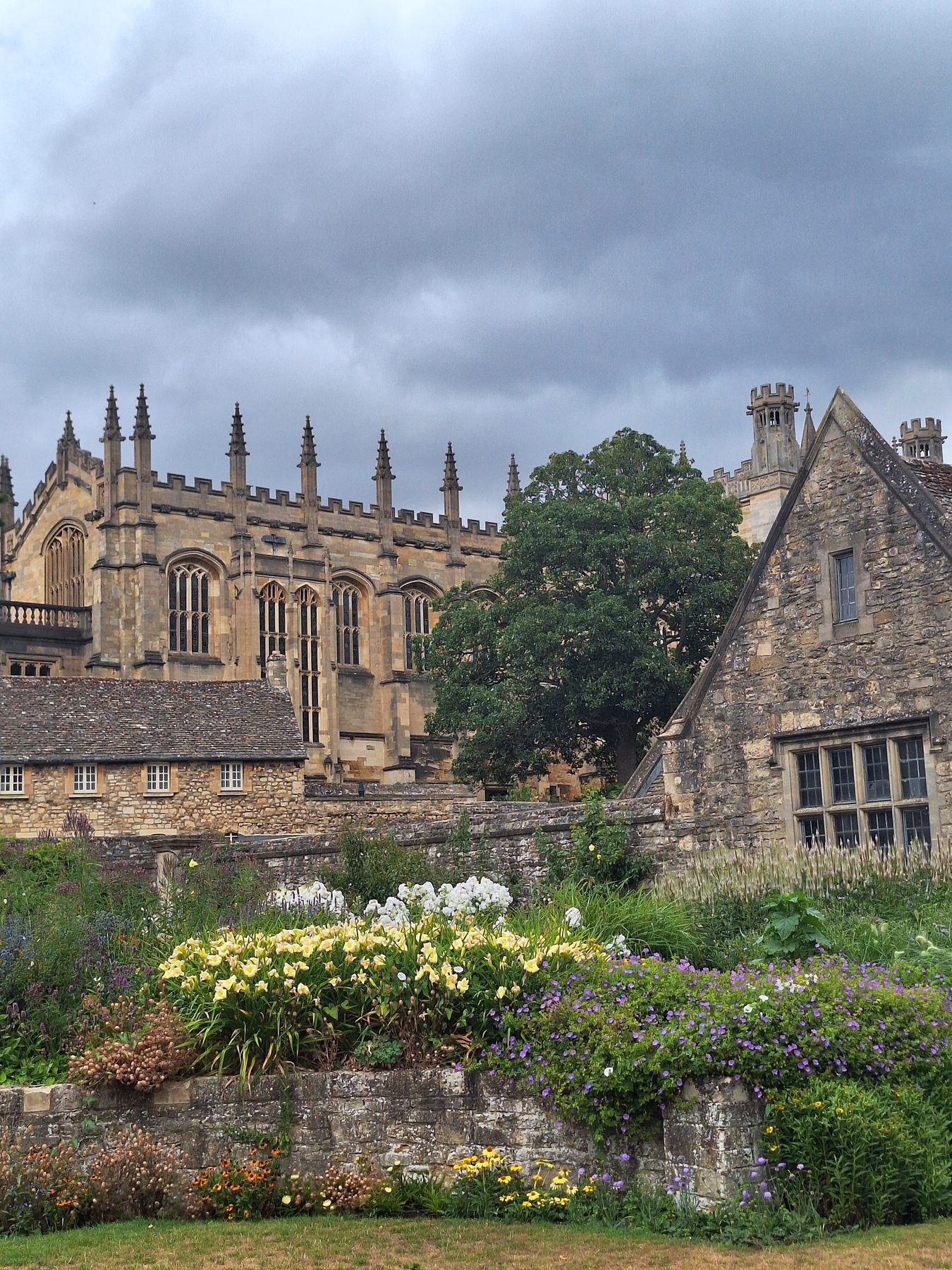 A college chapel in pale stone behind flower borders and a lawn in Oxford