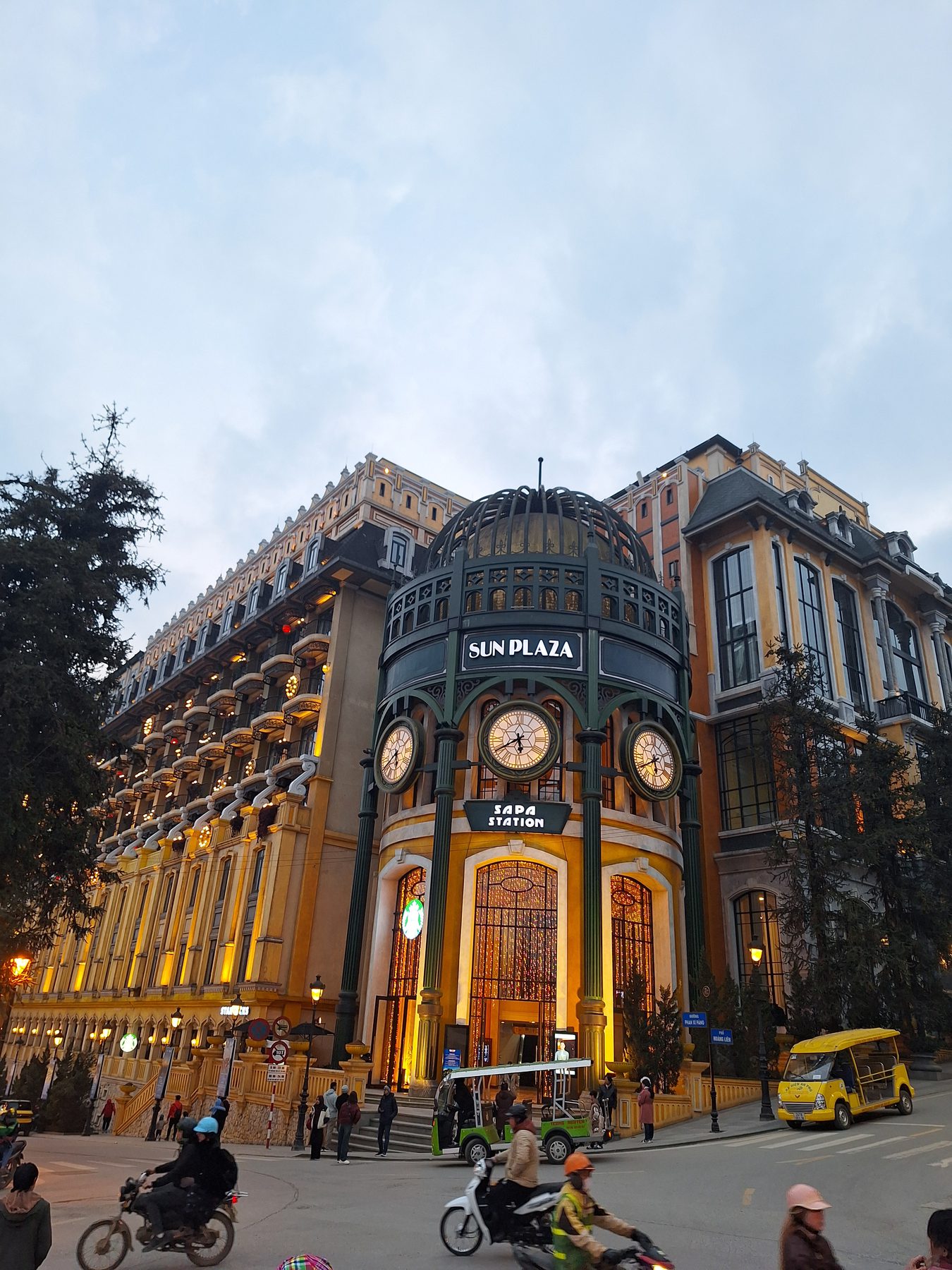 The Sun Plaza building lit up in the centre of Sapa, Vietnam